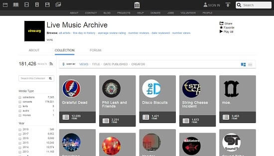 Live Music Archive página de música gratis